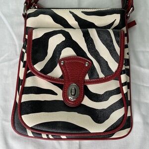 Black & White Faux Leather Animal Print w Red Accents Shoulder Purse Gently Used